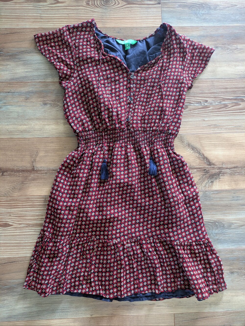 Dip Red & Navy Blue V Neck Short Flutter Sleeve Lined‎ Ruffle Midi Dress Medium